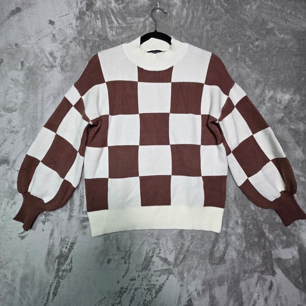 ZESICA Womens Brown White Checkerboard Mock Neck Lantern Sleeve Sweater Small